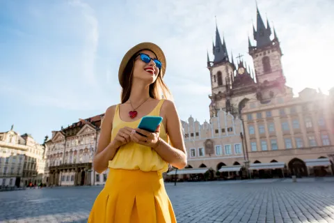 Traveler with phone using esim