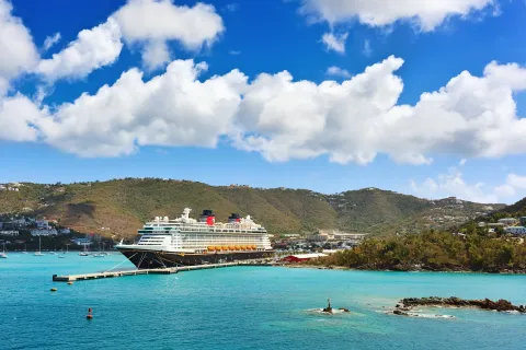 ST. THOMAS, US VIRGIN ISLANDS - March 27, 2019: Cruise ship Disney Fantasy docked at St Thomas, on sunny day.