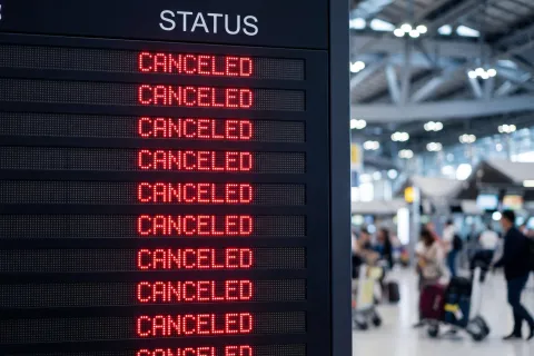 Airport flight information board showing multiple canceled flights