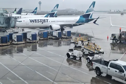 Westjet planes parked at Toronto Pearson International Airport terminal.