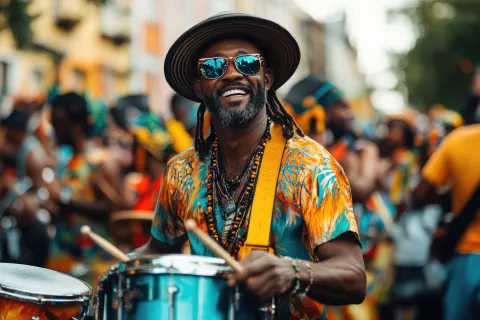 Steel drum band of joyful Black musicians performing at the Carnival, dressed in vibrant costumes as an energetic crowd dances to the rhythm, celebrating Caribbean culture