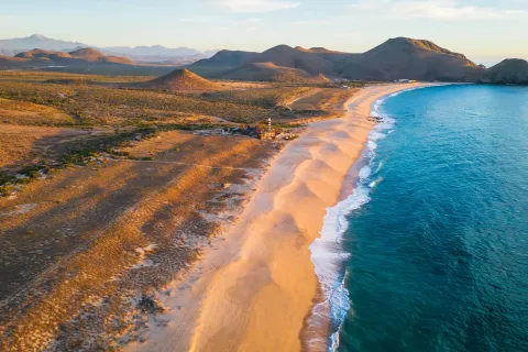 aerial of Todos Santos Baja California Sur sand dunes beach sunset ocean sea