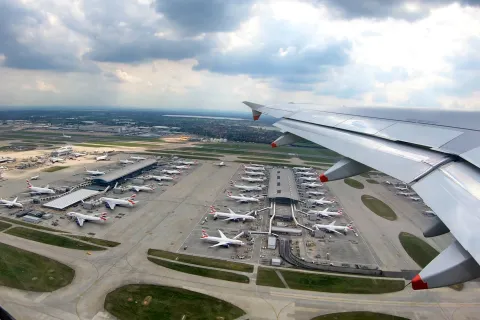 London Heathrow Terminal 5, the home of British Airways. Looking down on the runways and bays of BA planes.