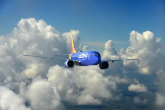 Southwest Airlines 737 flying through the clouds