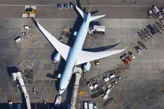 Air Canada Boeing 787-9 airplane at Los Angeles airport aerial view