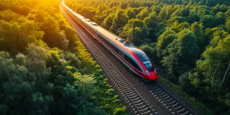 The high-speed train is driving at full speed thru the forest.