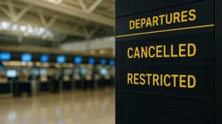 flight departure board at international airport showing cancelled and restricted flights due to airspace closure and global travel disruption