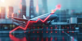 Conceptual image of rising airfare driven by higher fuel prices, with an airplane silhouette above stacked coins and an upward red graph line against a blurred city background