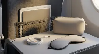 An organized airplane seat pocket featuring a travel amenity kit, a sleep mask, and a charging cable on a tray table, ideal for modern long-haul flight