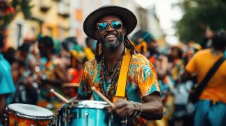 Steel drum band of joyful Black musicians performing at the Carnival, dressed in vibrant costumes as an energetic crowd dances to the rhythm, celebrating Caribbean culture