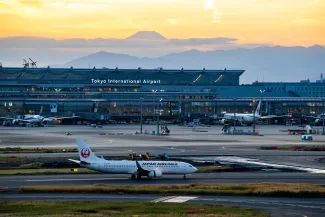 okyo International Haneda Airport with Fuji Mountain Background at Sunset, Tokyo