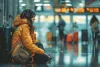 An airport passenger is distressed and exhausted while waiting for a flight delay or cancellation with their baggage.