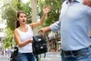 Man street robbery pulling woman backpack on street